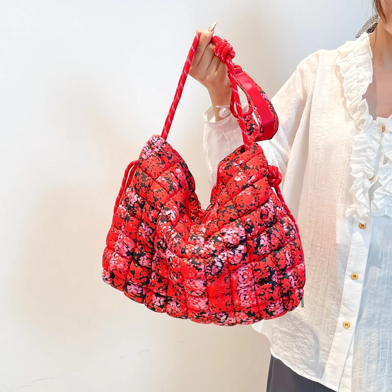 

Autum Winter Trendy Plaid Quilted Bubbles Crossbody Bag for Women Large Capacity Nylon Cotton Puffer Padded Fashion Shoulder Bag