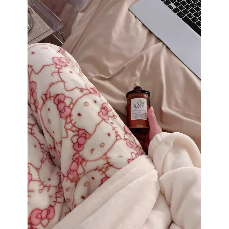 2 Piece Sanrio Hello Kitty New Sleepwear Suit Coral Plush Pullover Tops Trousers Home Clothes Set Y2k Women Cute Soft Nightdress