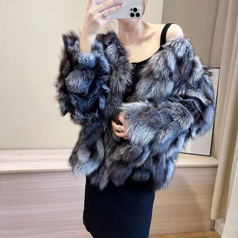 100% fox fur coat loose short slimming top Silver fox fur one