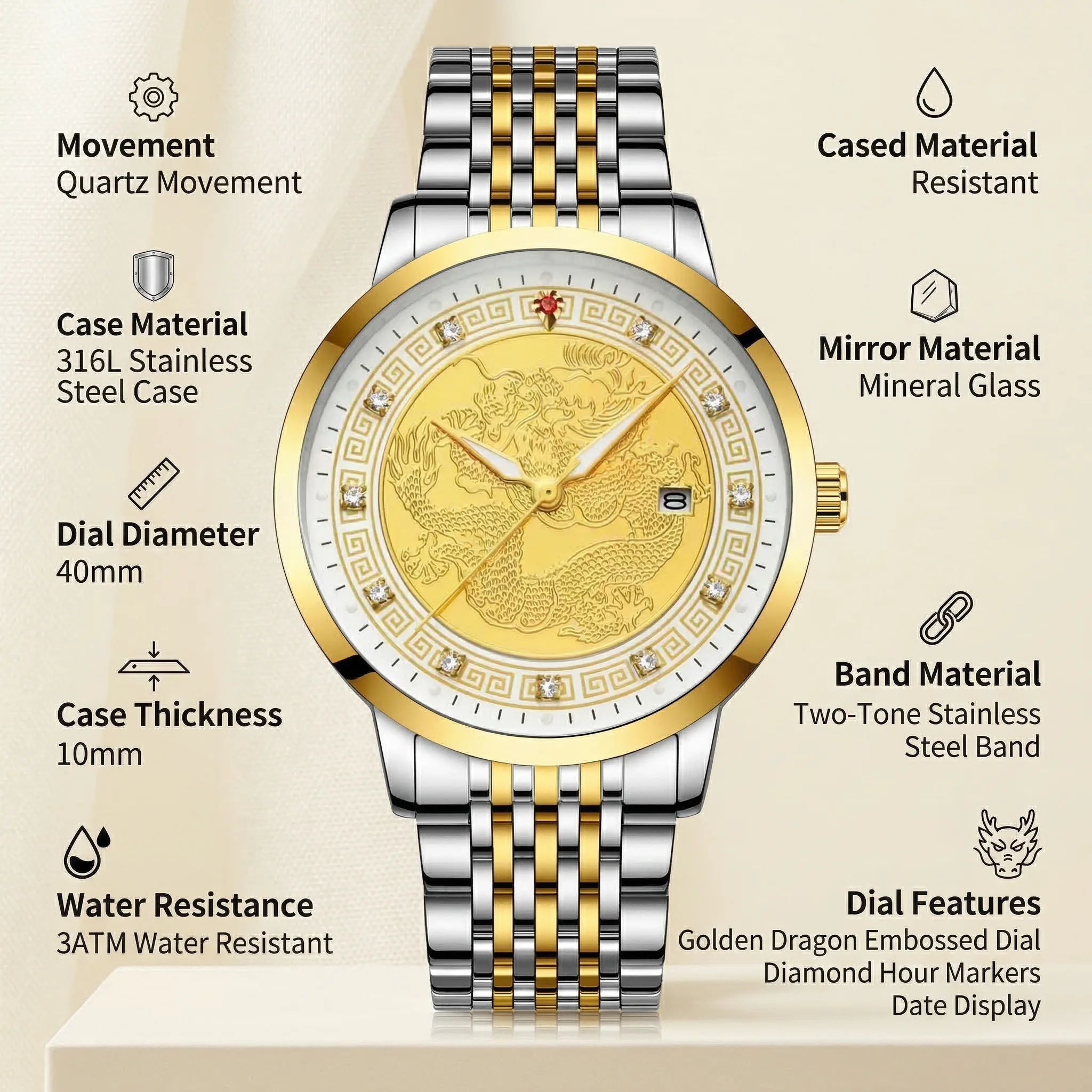 Men’s casual quartz wristwatch with a yellow dial featuring a dragon motif and luminescent hands, ideal for the daily commute