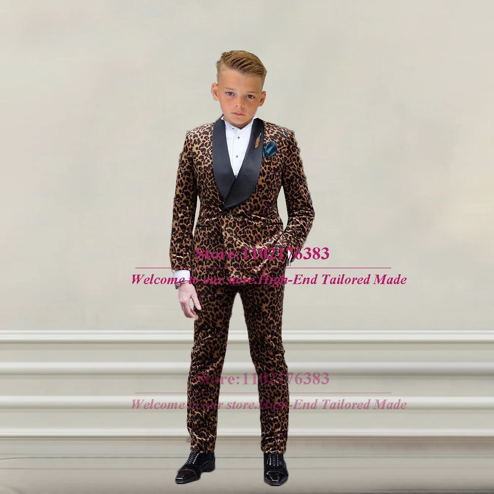 Boy Child Wedding Suit Leopard Print Blazer With Pants 2 Pieces Kids Dress Tailore-Made Black Peaked Lapel Jacket Children Gowns