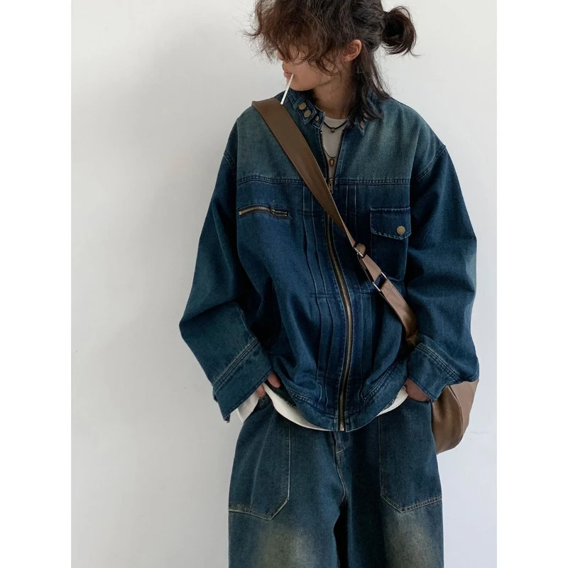 Cowboy Tooling Suit Mens New Spring Autumn Streets Vintage Washed Denim Two-piece Set Motorcycle Y2K Trend Bomber Cargo Sets