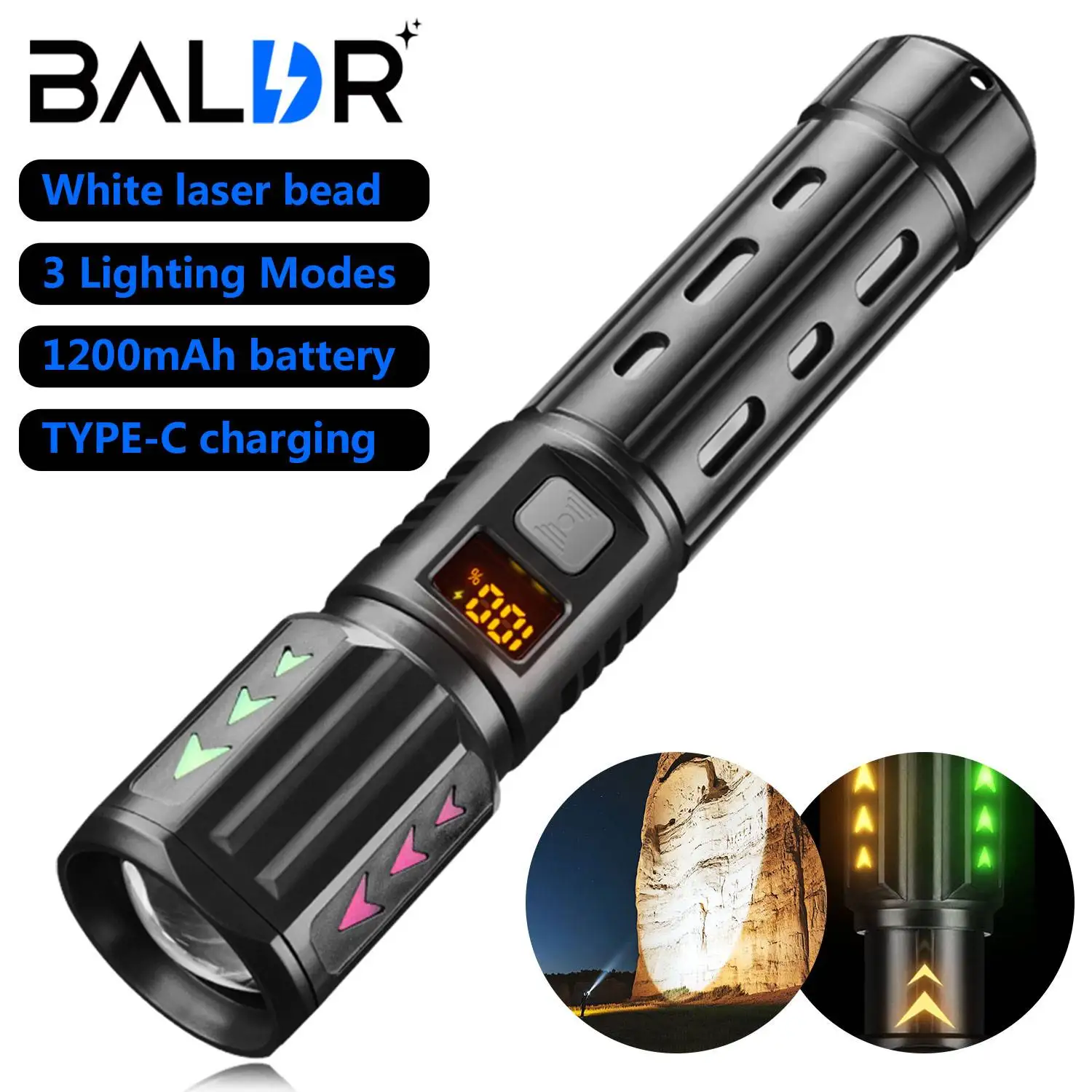 BALDR High Power ZLS188 Led Flashlights With USB Charging Built-in Battery, Power Display Light, Camping Outdoor Use Lantern