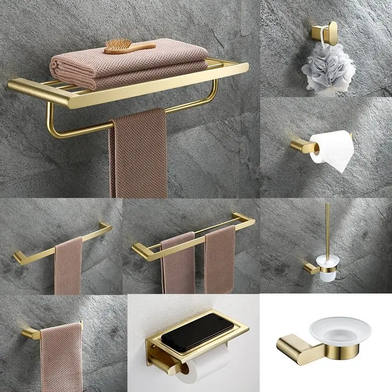 

Stainless steel brushed gold hardware pendant towel rack set bathroom wall-mounted storage rack bath towel bar