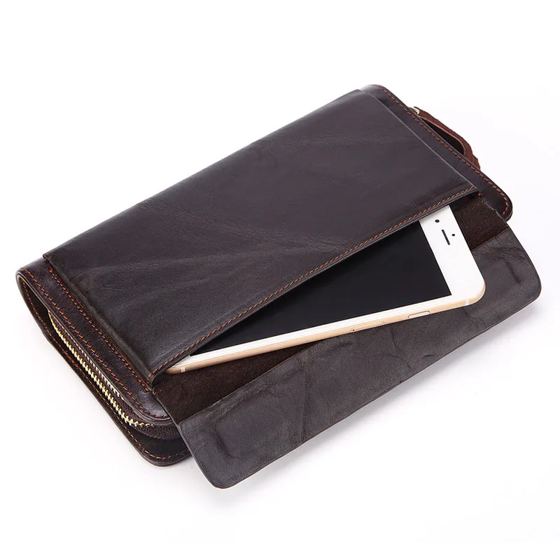 Large capacity Genuine Cow Leather clutch wallet for men brand long day clutch cell phone bags double zipper card holder purse