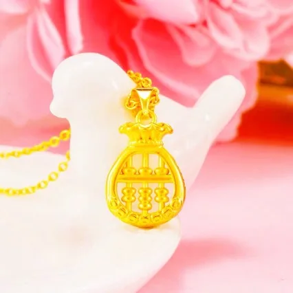 

New 24K pure gold necklace lucky bag abacus transfer beads pendant all-match AU999 necklace metal seal