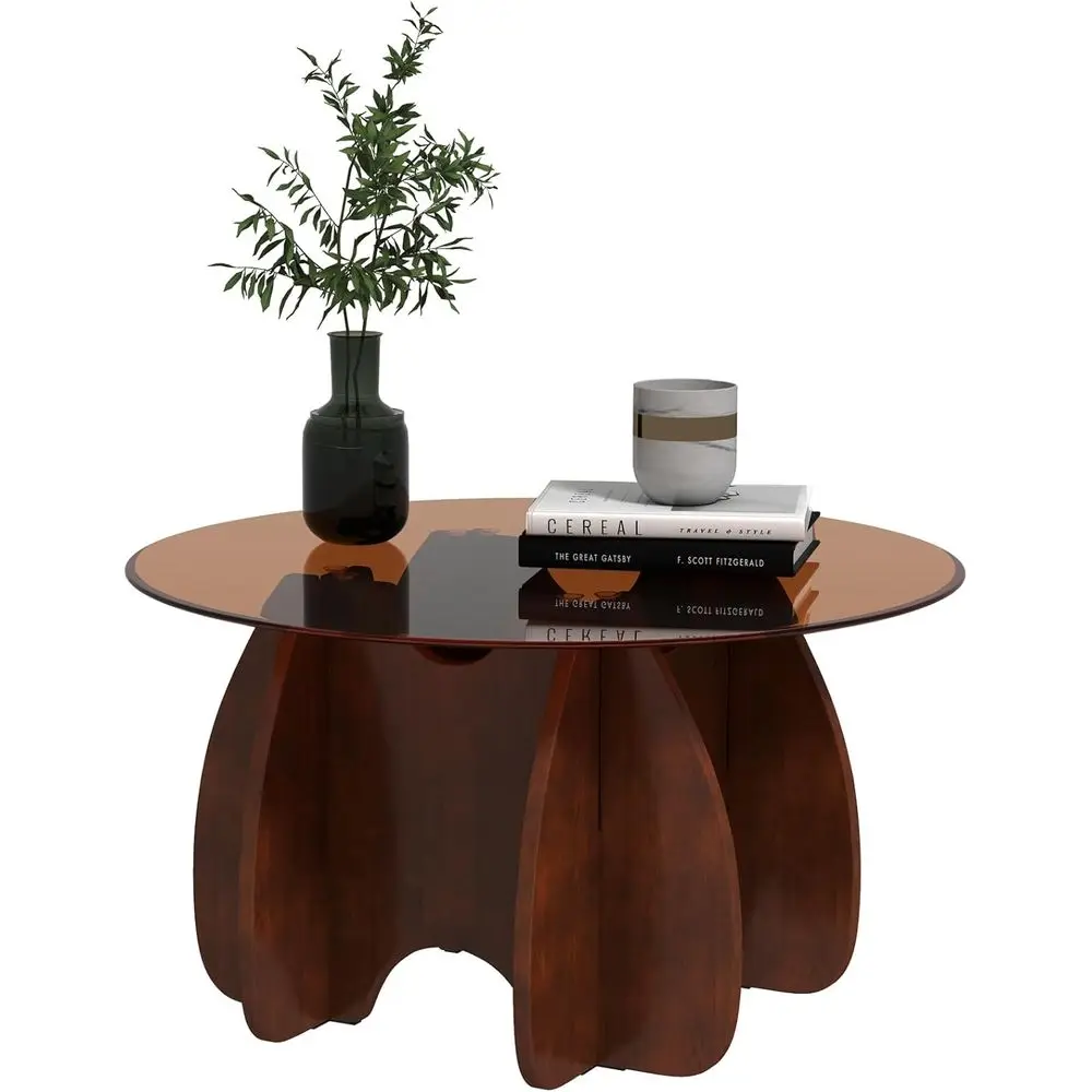 Modern Round Brown Glass Coffee Table - Extendable Accent Furniture for Small Living Spaces