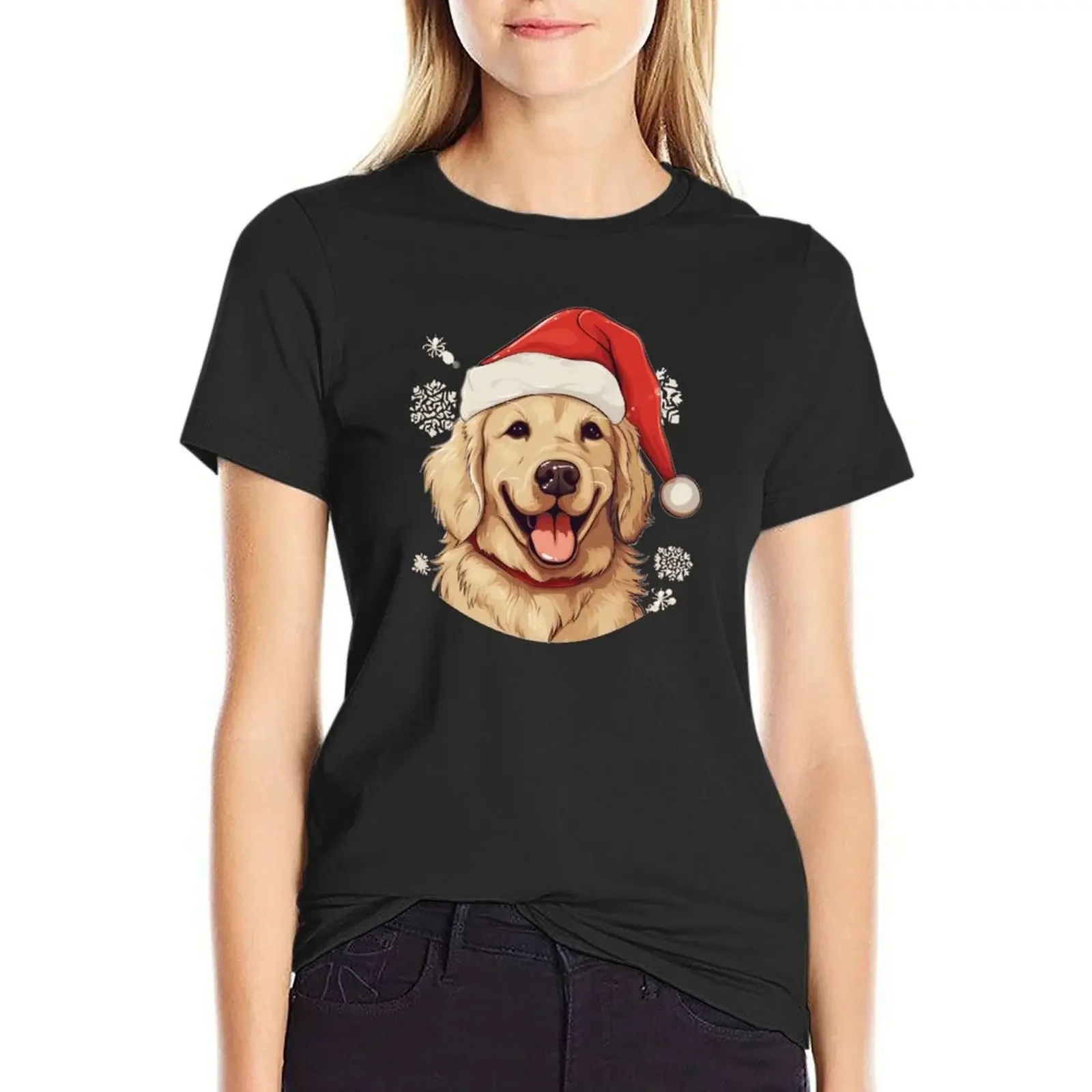 

Happy Golden Retriever with a Santa hat T-shirt animal print shirt for girls cute clothes Women tops