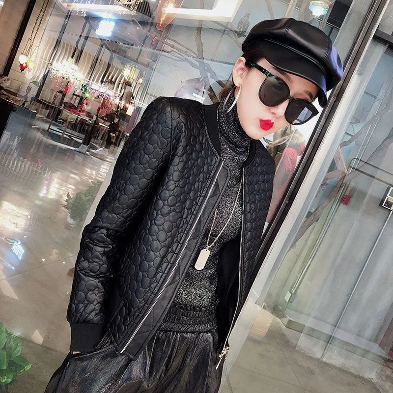 2024 Autumn New Women's Leather Coat O-neck Long Sleeve Short Outerwear Slim Motorcycle Jacket PU Leather Female