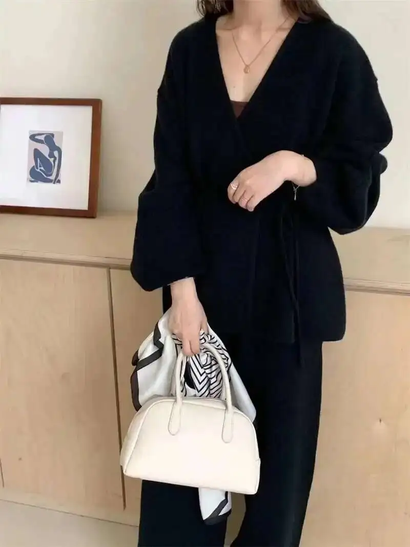 [EWQ] Fashion V-neck Long Sleeve Lace Up Sweater And High Waist Trousers Casual Women Knit Set Clothing 2025 Autumn New 16O1719