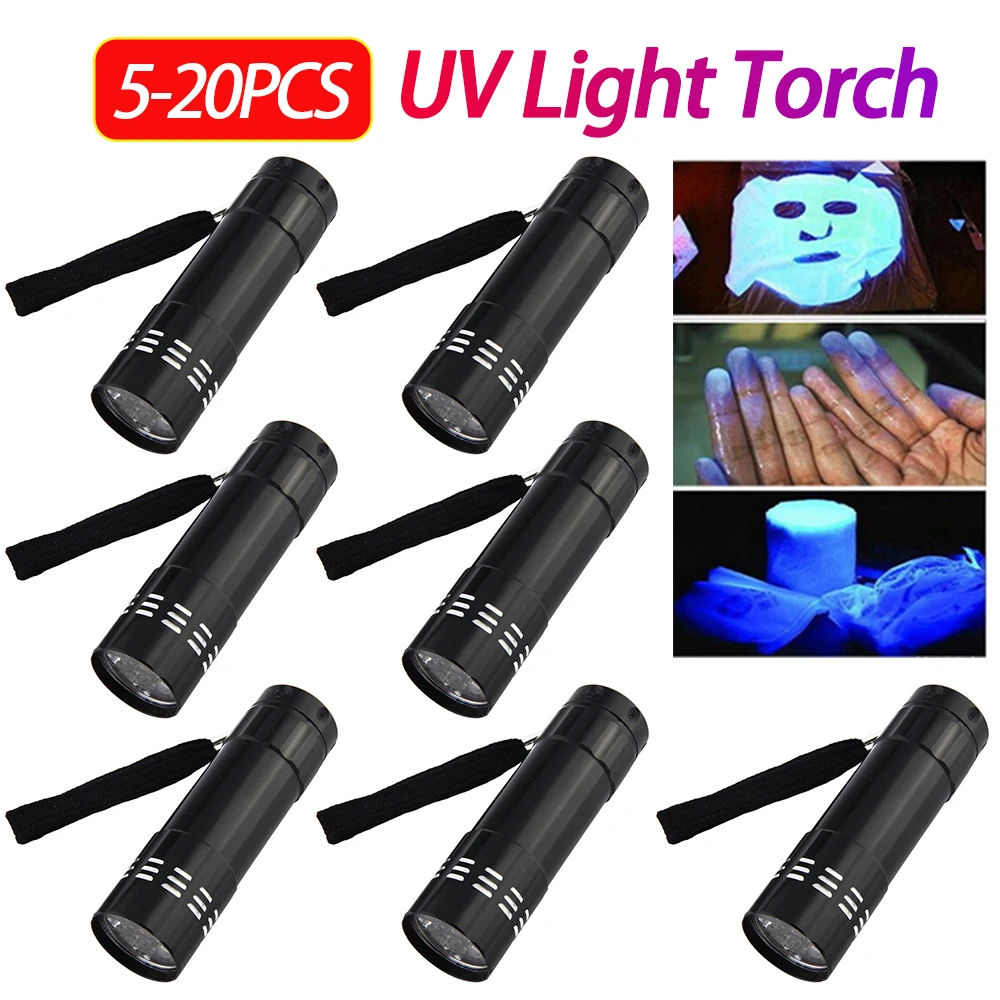 

9-диодный мини-ультрафиолетовый фонарь 395 нм для проверки скорпионов, водонепроницаемый портативный фонарик для обнаружения флуоресцентных веществ/тестирования валюты