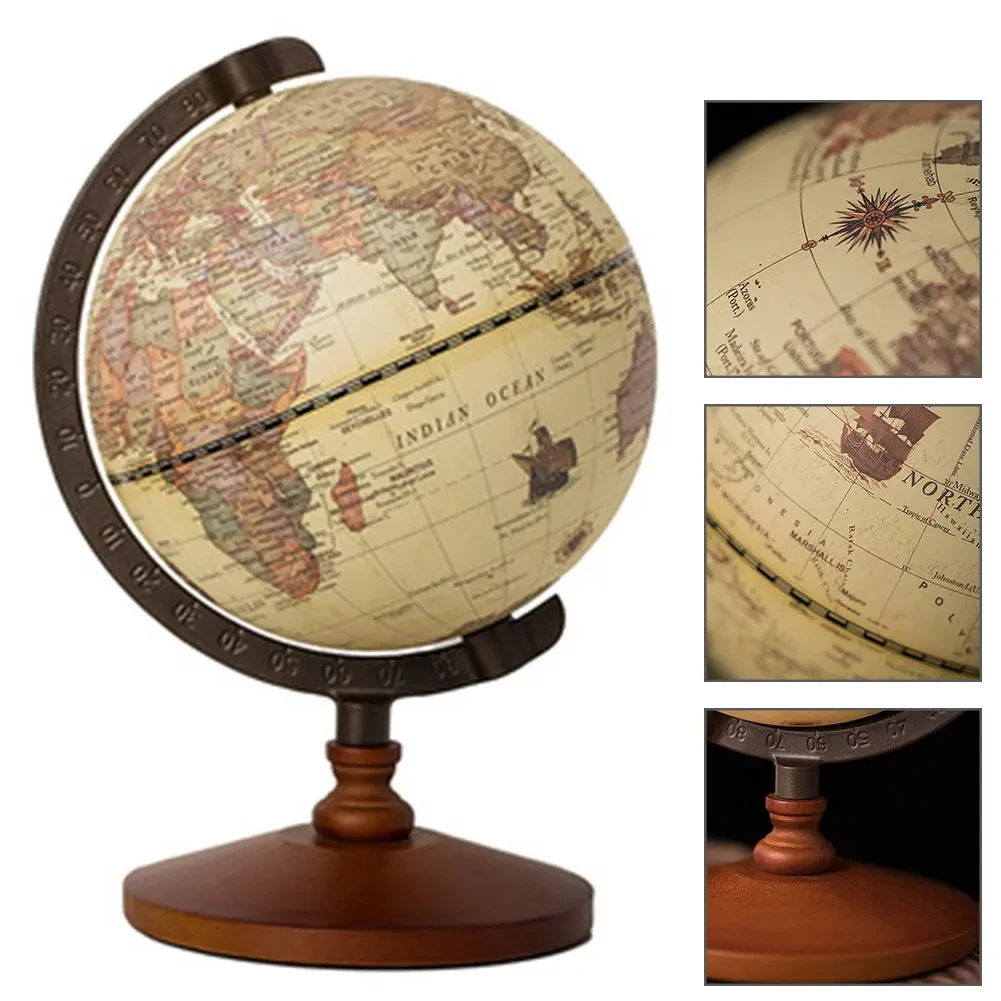 Geography Education World Globe, Vintage Wooden Base, Desk Decoration