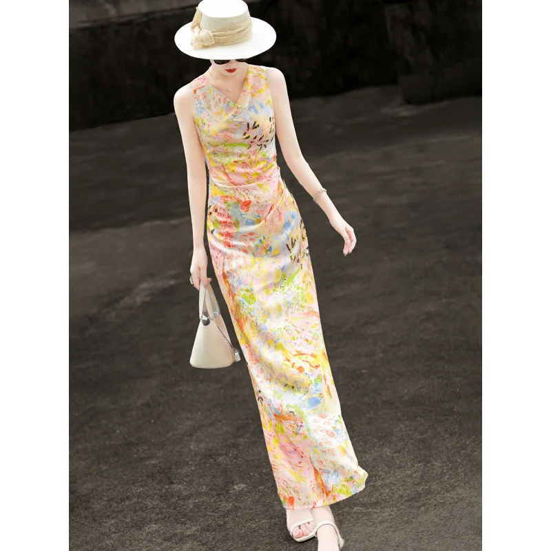 MEXCOCO 2026 Summer New French Resort Style Sleeveless Draped Neck Oil Painting Print Waist Cinched Women Dress