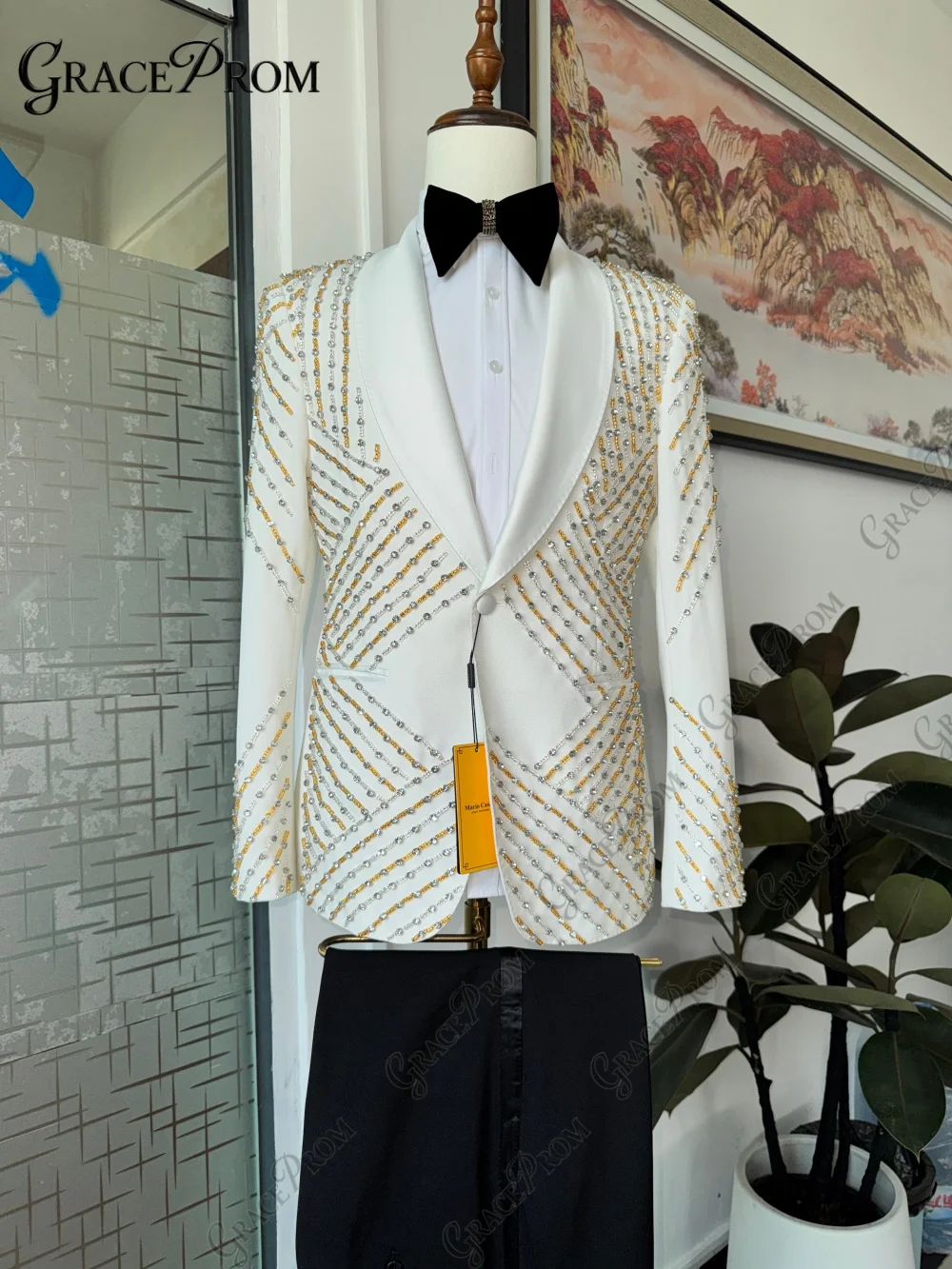 Glamorous Textured White Mens Tuxedo 2 Piece Gold Silver Crystal Shawl Suit Set 2027 High-end Wedding Groom Prom Party Wear