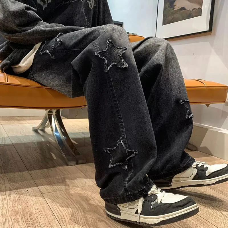 

New Fashion Stars Embroidery Balck Blue Men Jeans Loose Pants Y2K Clothes Straight Hip Hop Cotton Trousers Pantalon Homme