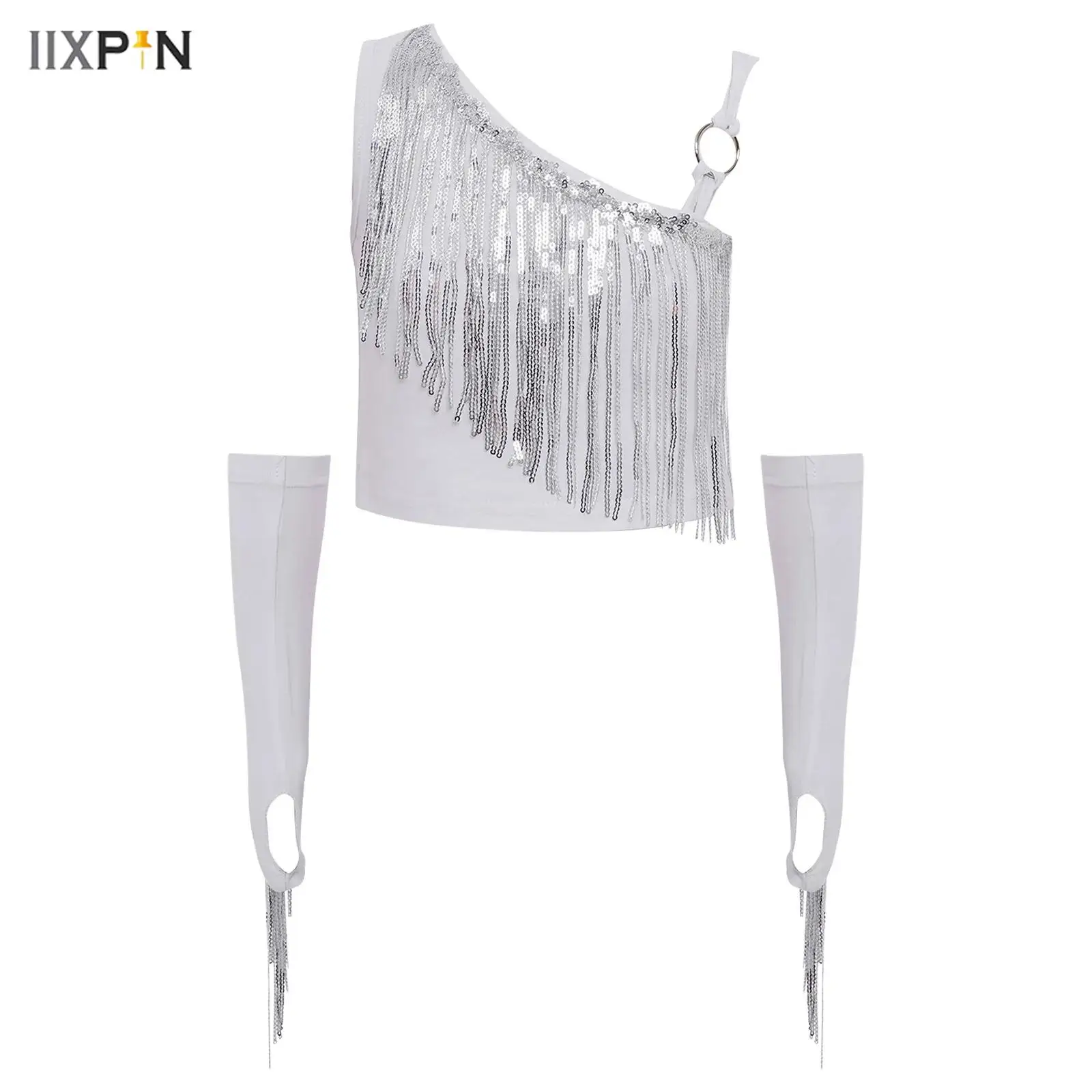

Kids Girls Hip Hop Jazz Dance Performance Costume Shiny Sequin Tassels Asymmetrical Crop Top with Fringe Gloves Latin Dance Top