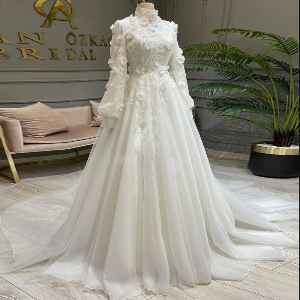 

Сказочное мусульманское свадебное платье по индивидуальному заказу, 2026, кружево с цветочным принтом и бисером Gelinlik для невесты, рукав-фонарик, трапециевидное платье, платья de novia