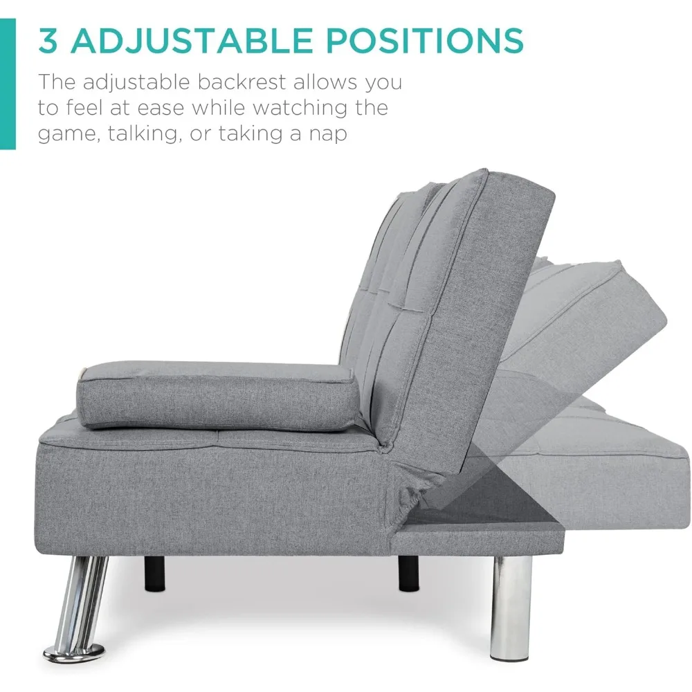 Linen Modern Folding Futon, Reclining Sofa Bed for Apartment, Dorm w/Removable Armrests, 2 Cupholders