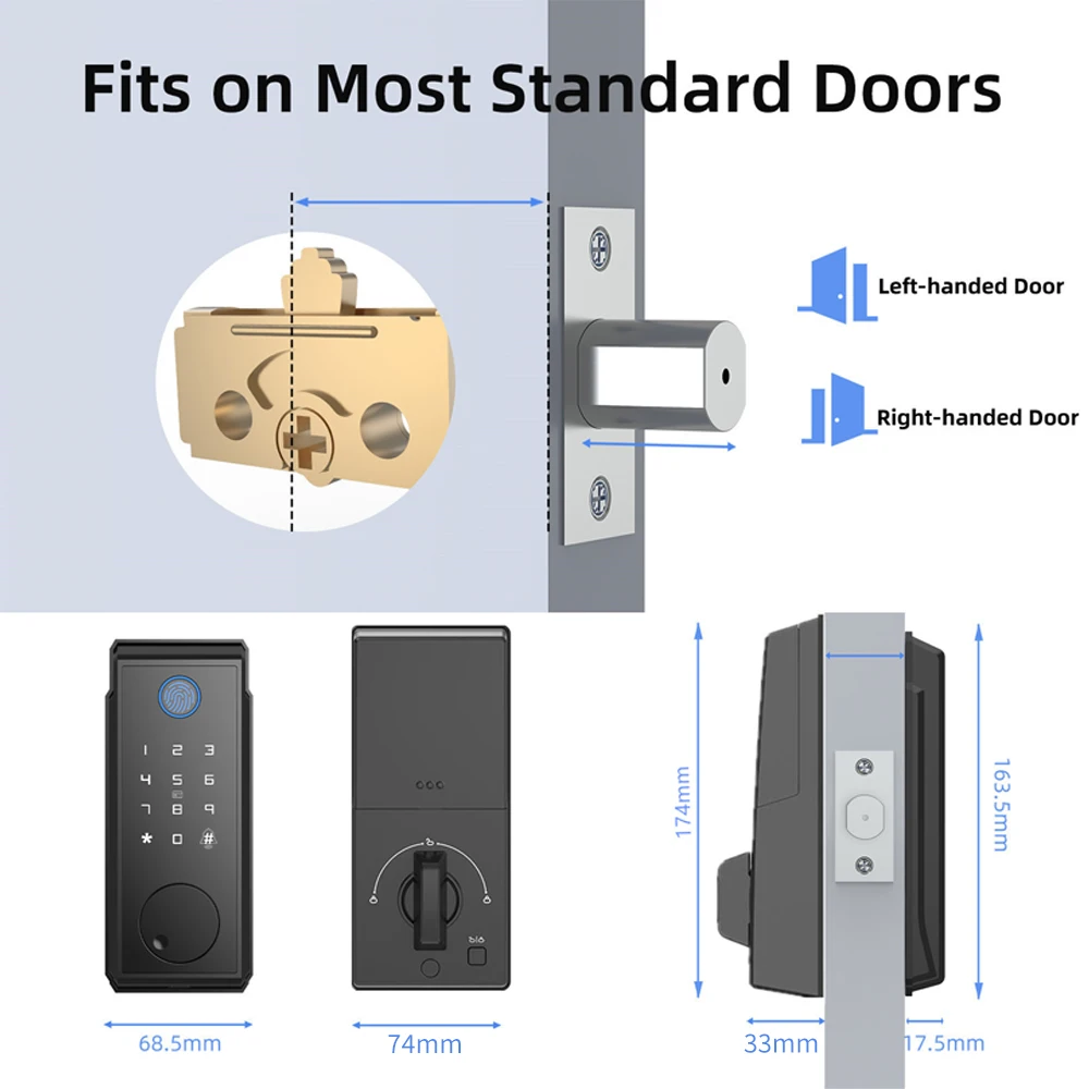 WiFi Smart Door Lock Fingerprint Electronic Deadbolt Keypad Tuya App Mobile Unlock and Monitor Keyless Entry Auto Dead Bolt Lock