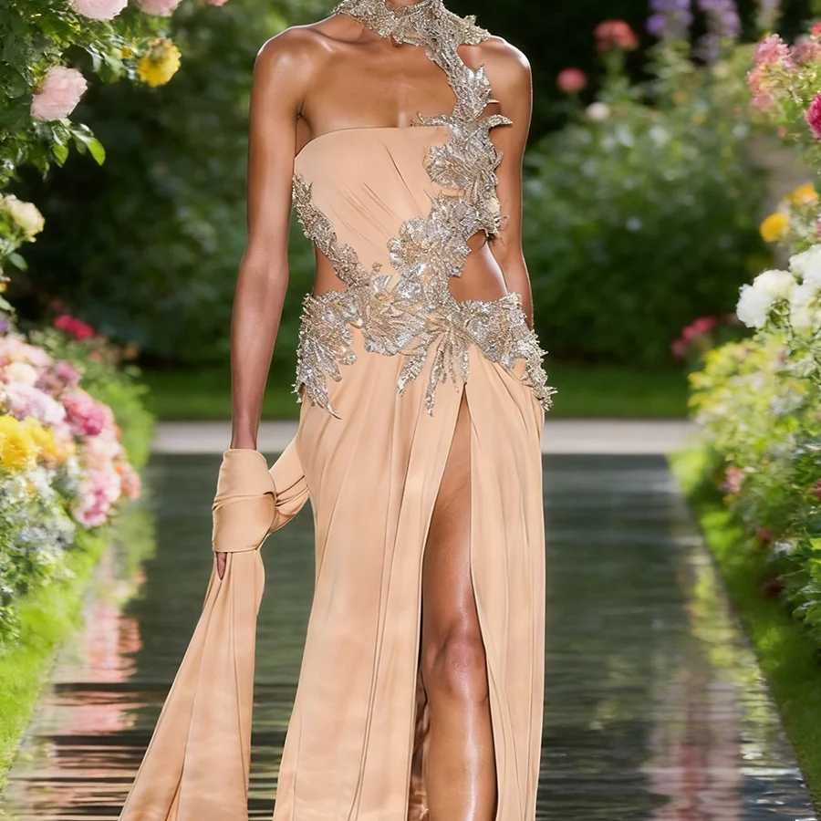 

Elegant High Collar Sequined Beads Sleeveless Straight Formal Evening Dresses Birthday Party Prom Gowns Customized