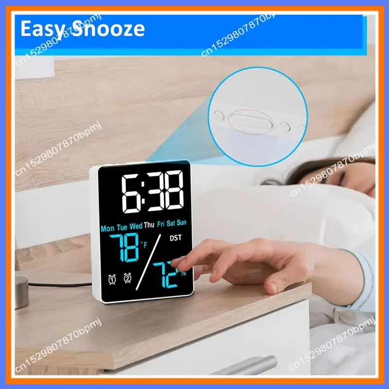 BAAE Digital Room Thermometer Hygrometer Alarm Clock For Desk, Indoor Humidity And Temperature Measurement With LED Display