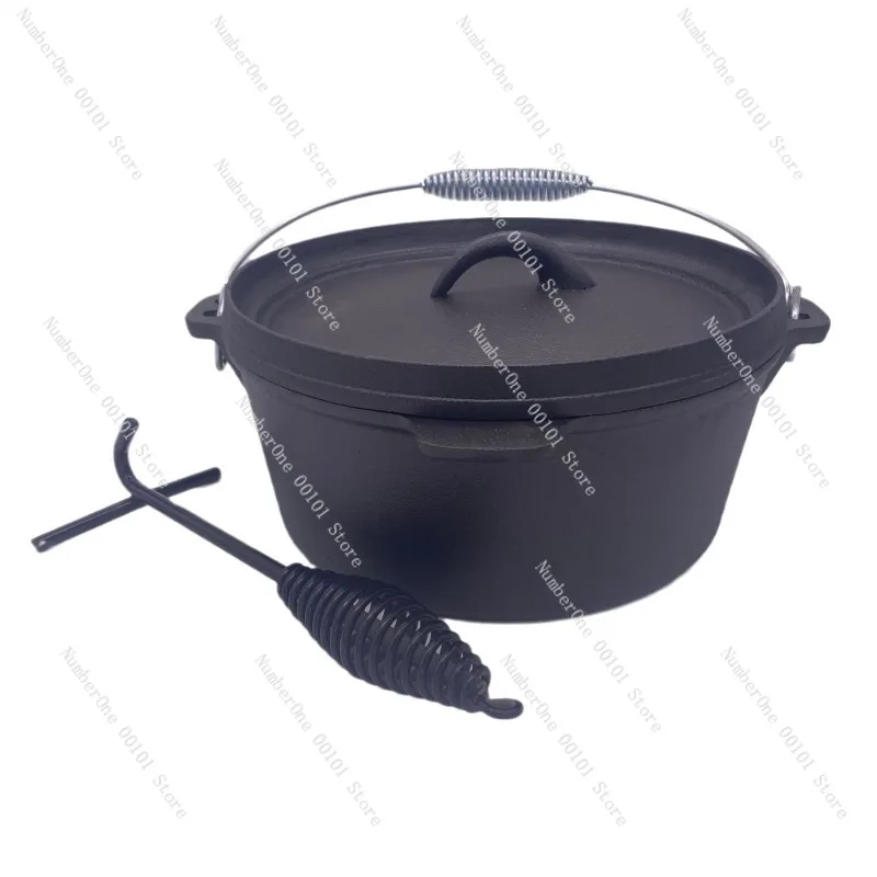 Heavy Duty Cast Iron Dutch Oven 25cm Camping Stew Pot Thickened Hanging Cauldron Flat Bottom Soup Cooker with Handle Hook