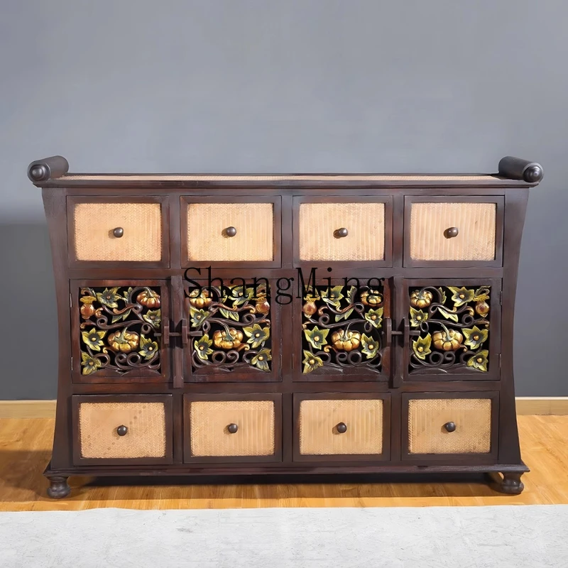 

FG retro rattan storage decorative cabinet solid wood carving flower living room entrance cabinet