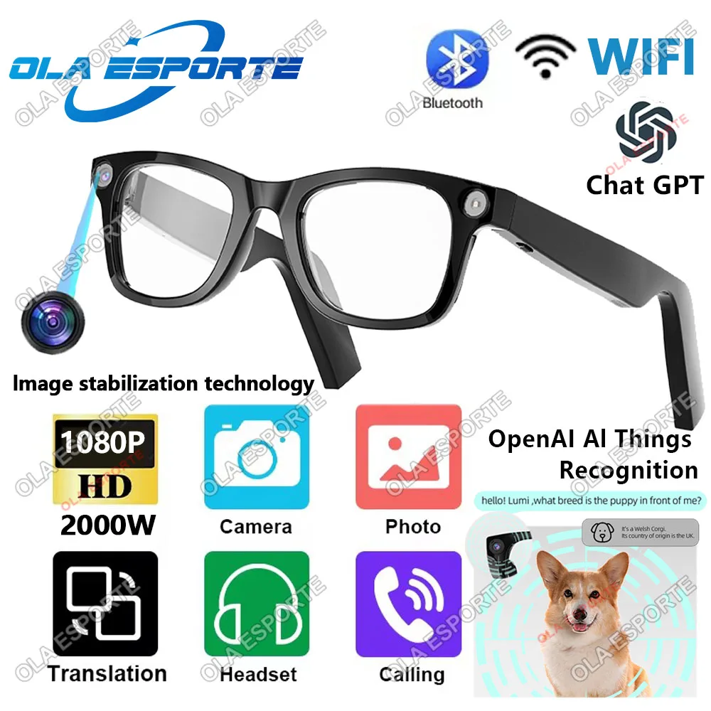 

New AI Smart Glasses 2000W HD Camera 32G Memory Wifi Bluetooth Connection Video Recorder AI Photography Video Anti-UV Sunglasses
