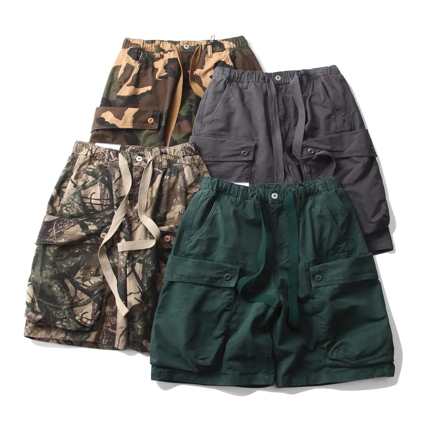 

American Vintage Heavyweight Washed and Distressed Multi-pocket Camo Twig Cargo Shorts Summer Loose Straight-leg Casual Shorts