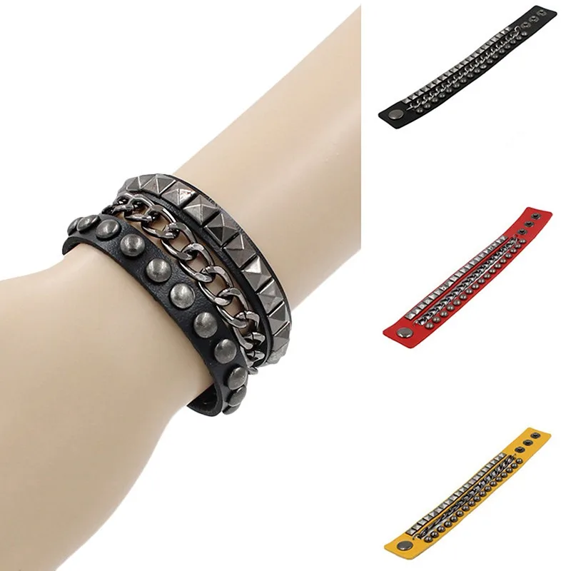 Vintage Leather Bracelet Three Row Cuspidal Spikes Rivet Stud Wide Cuff PU Leather Punk Gothic Rock Unisex Bracelet Men Jewelry