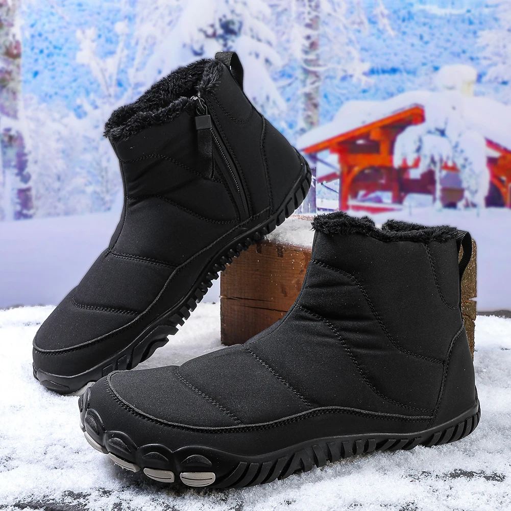 Winter Snow Boots Minimalist Barefoot Trainers Non-Slip Casual Ankle Boots Zip Closure Fashion Warm Lined Booties for Men Women