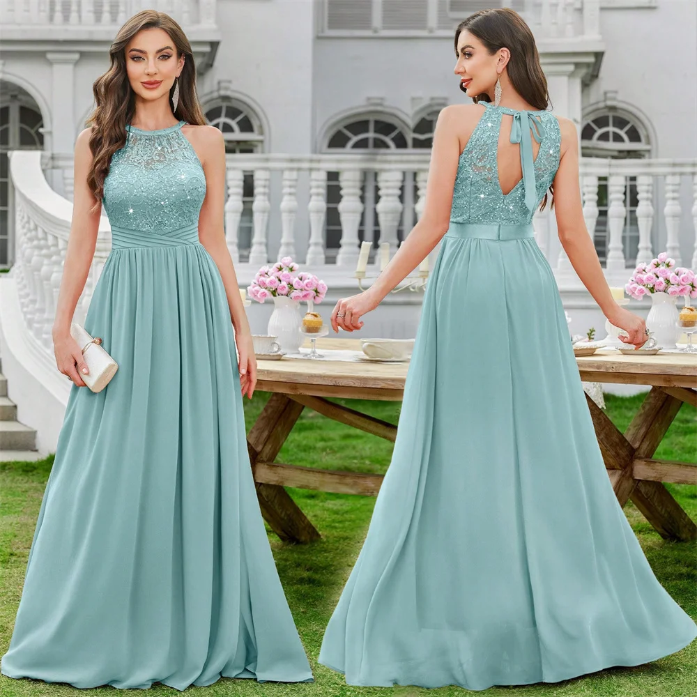 A Line ChiffonSequined Lace Halter Bridesmaid Dresses Elegant Wedding Party Formal Prom Evening Special Occasion Backless