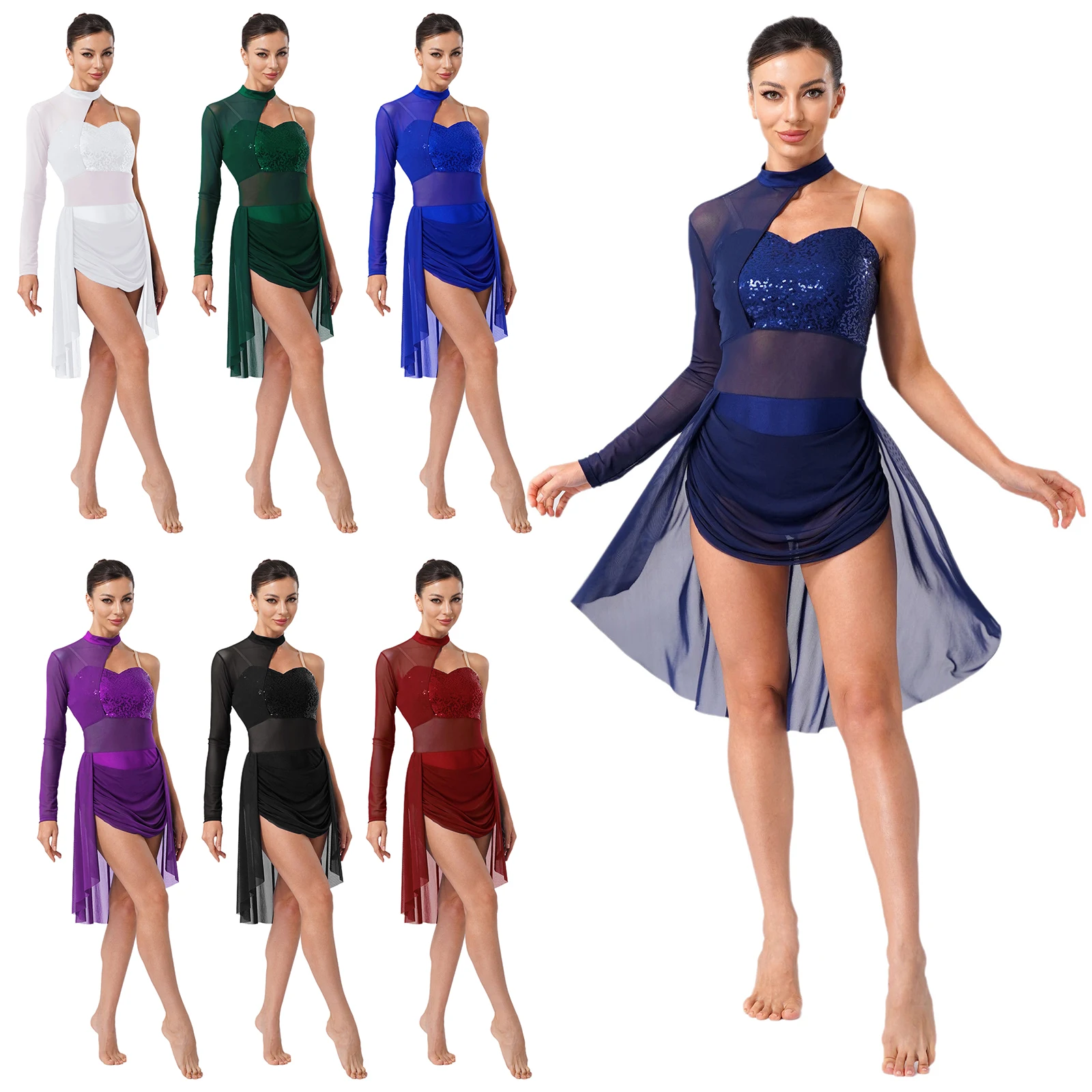 

Women Lyrical Dress Latin Jazz Modern Performance Costume Adjustable Spaghetti Strap One Shoulder Sequined Leotard Dance Costume