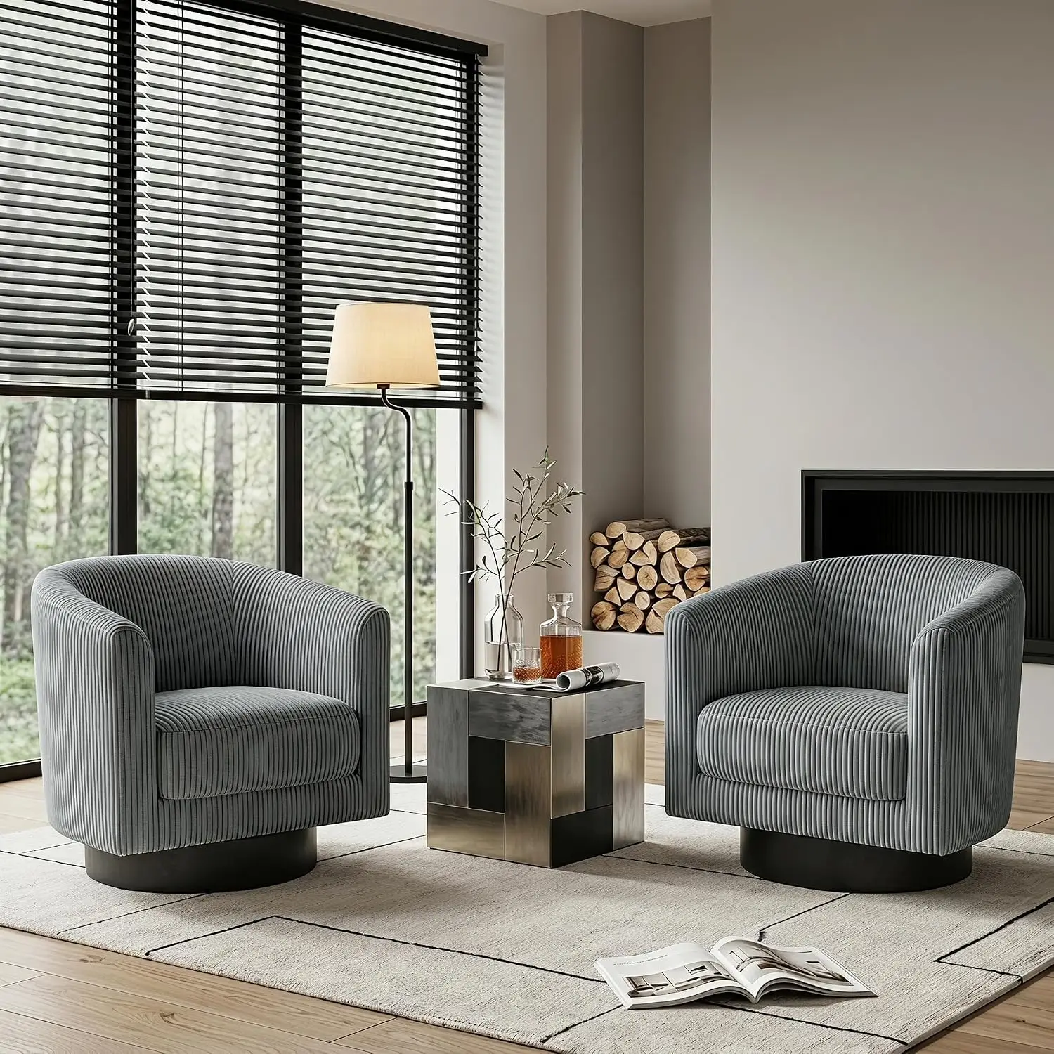 Swivel Accent Chairs Set Of 2, 360° Bucket Chair, Modern Upholstered Barrel Armchair, Comfy Corduroy Single Sofa, Customized