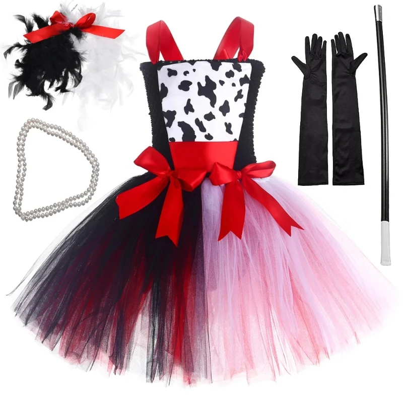 

Evil Cruella Cosplay Costumes for Girls Dalmatian Dog Tutu Outfit Children Clothes for Kids Wicked Witch Queen Halloween Dresses