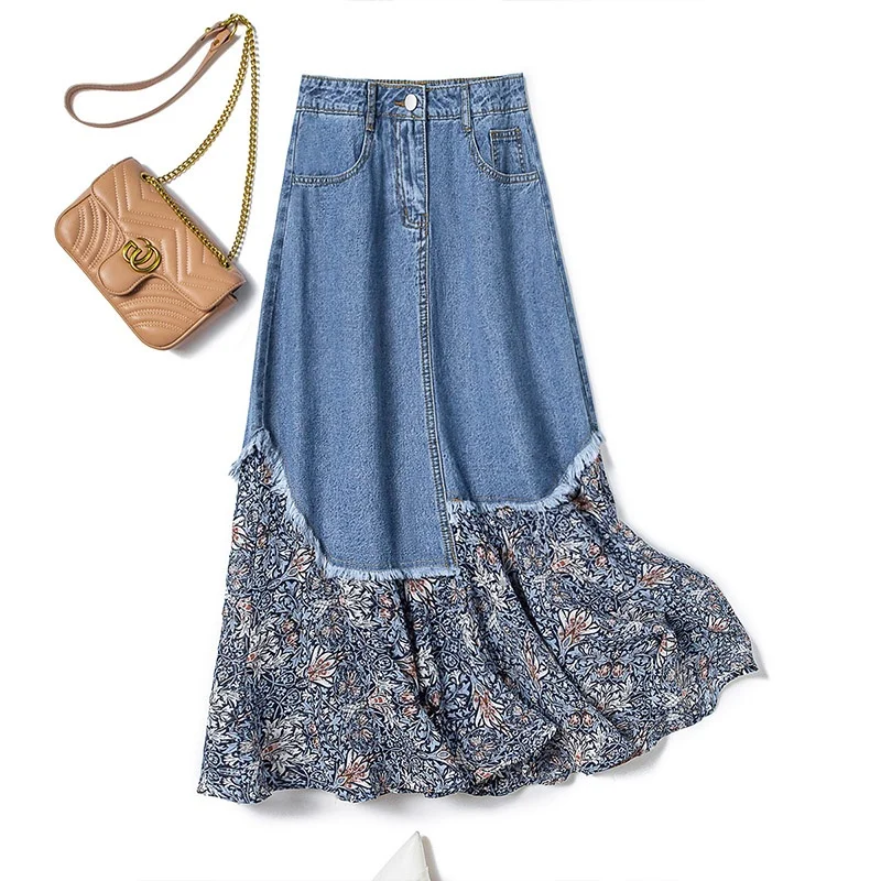 

Юбка-миди трапециевидной формы из ледяного шелка с высокой талией, джинсовая летняя мода с цветочным принтом, повседневная универсальная юбка средней длины до бедра, стиль Art Lin