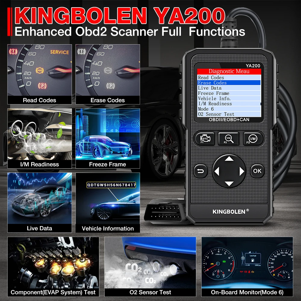 KINGBOLEN Scanner Professional YA200 OBD2 Diagnostic Tool Car Accessories Auto Engine System DTC Lookup Code Reader