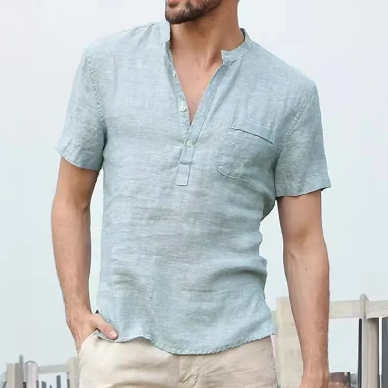 Camisa de manga corta de algodón y cáñamo para hombre, camisa Simple con cuello levantado y hebilla, parte Frontal Medio abierta, novedad de verano