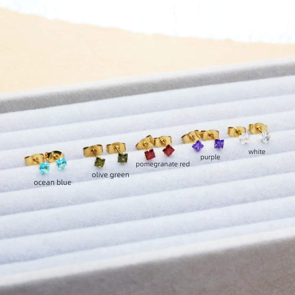 5pairs Set  Stainless Steel Stud Earrings Colors Zircons 3MM Square Red Blue White Delicate And Beauty Fashion