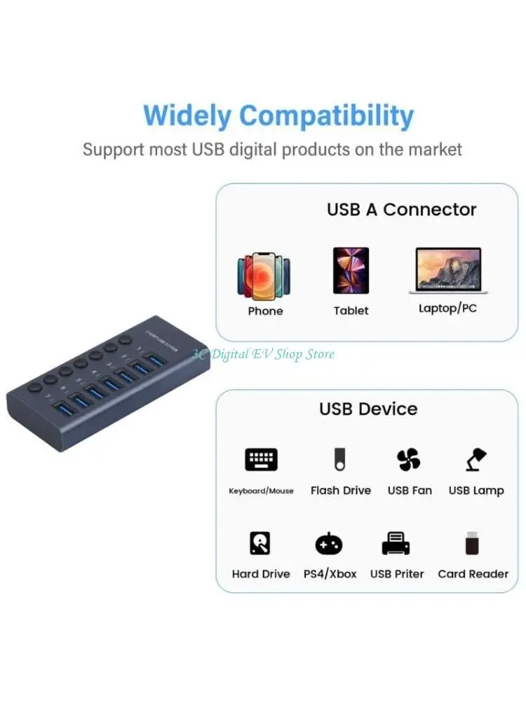 

E74D USB3.0 HUB 7x USB Splitter 7-Port USB Expander 12V Power Adapter 5Gbps USB3.0 Docking Station with Switch Led Light