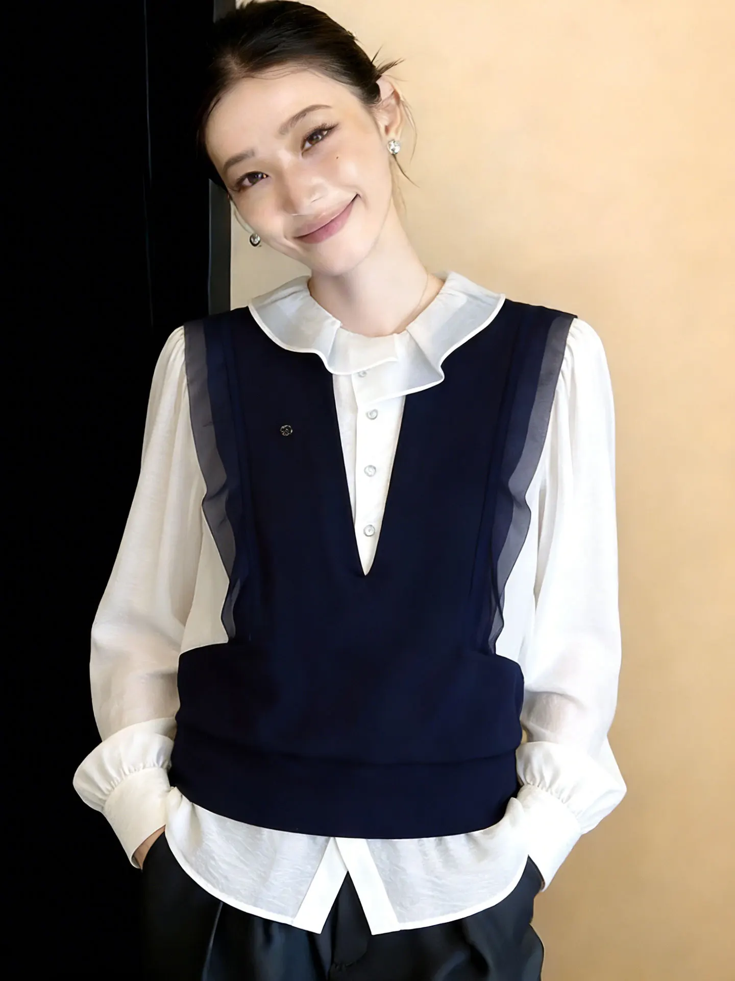 

Ele Korean Sle Long Sve irt Women's Commute Casual Patchwork Spring Faion Top High-End European Brand