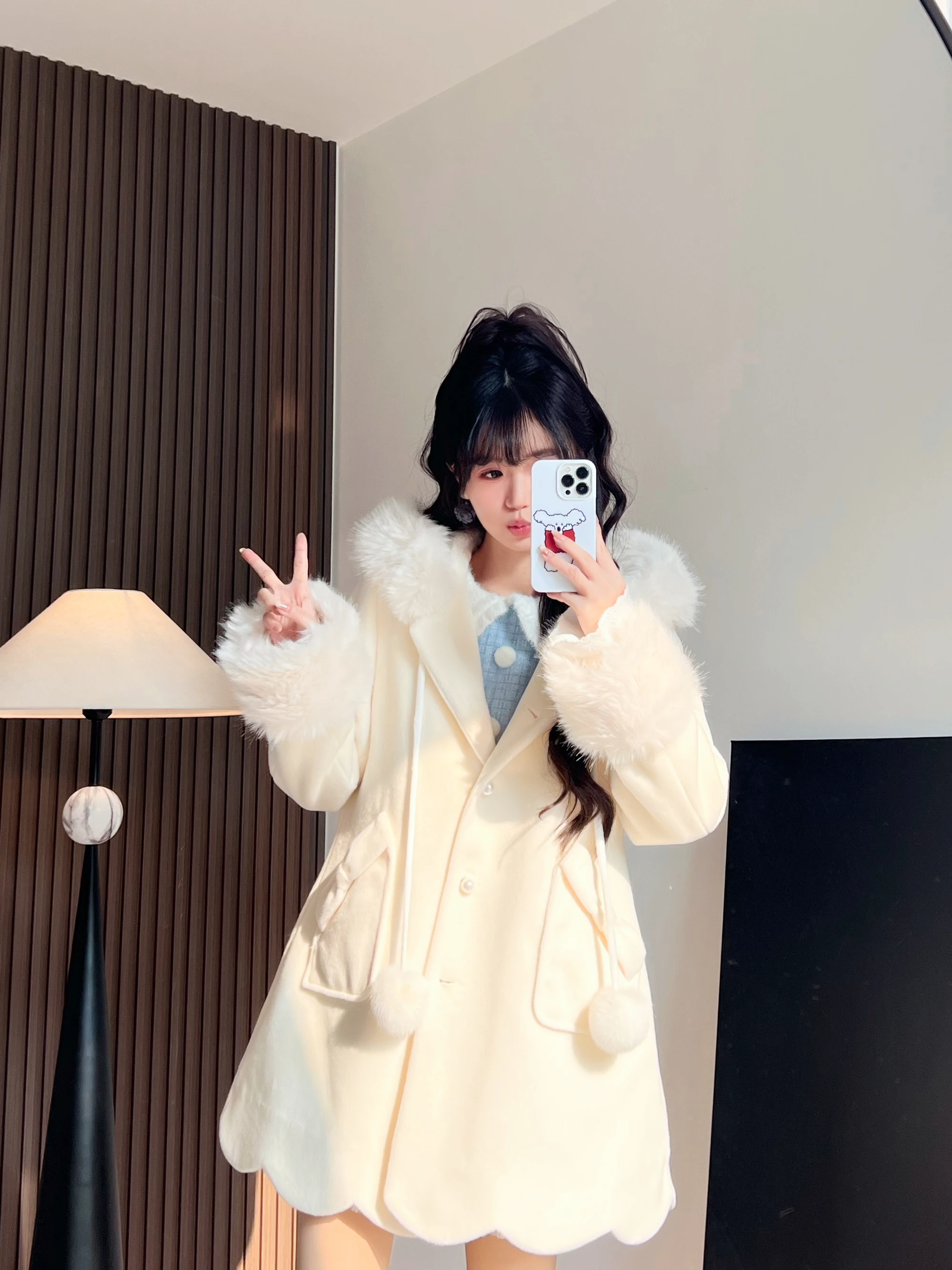 

Huaqizhu Deer Original Micro Light Starry Night Thiened Woolen Coat with Hood Warm Winter White Women's Faion Outerwear