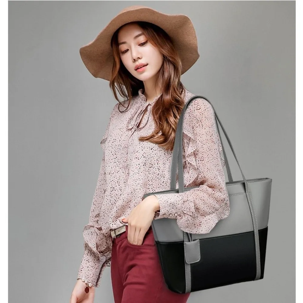 

Fashion Large Capacity Handbag PU Leather Multifunctional Shoulder Bag Lightweight Contrast Color Tote Bag Women