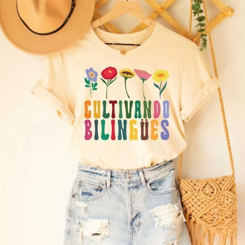 Cultivando Bilingues قميص الأزهار Maestra Bilingue التي شيرت لغة مزدوجة المعلم تي شيرت المعلم الإسباني هدية المحملة المرأة القطن T
