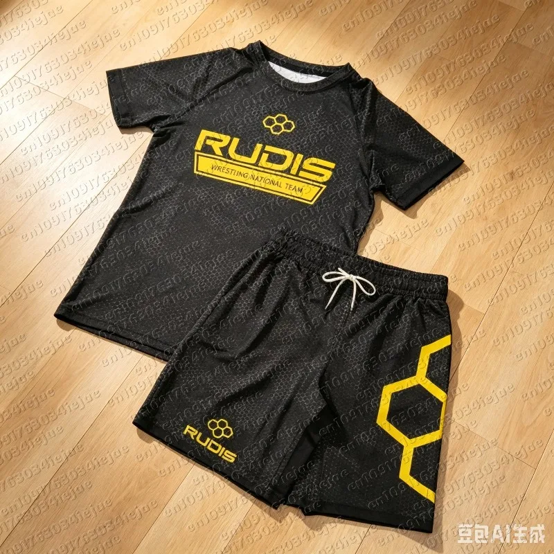 Image of MOTO Sommer Herren Wabenmuster Wrestling-Style Sportset Schnelltrocknender Rashguard & Shorts Atmungsaktive Athletik-Trainingsuniform