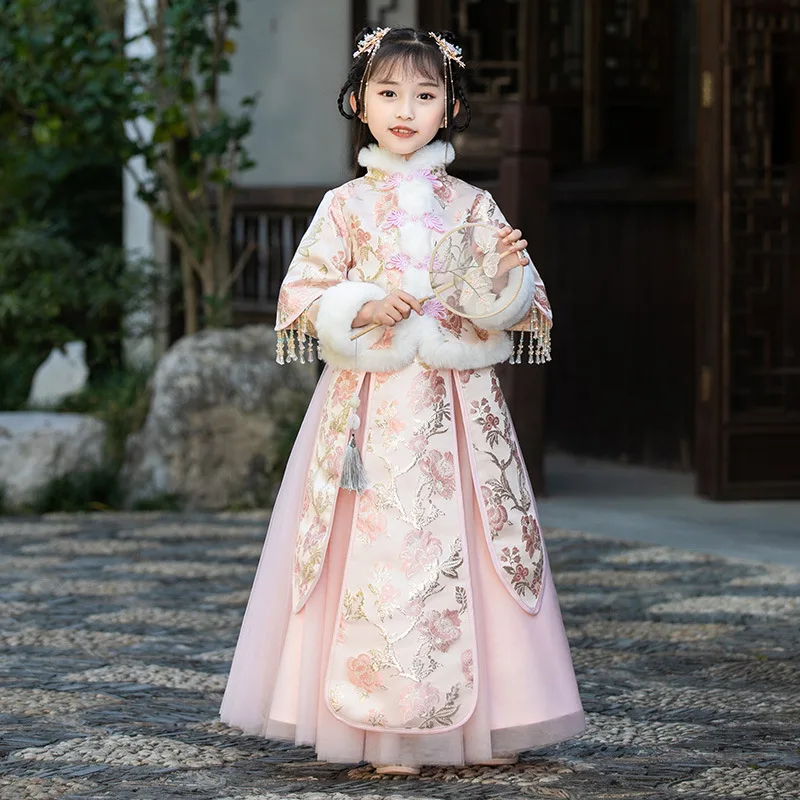 Costume Tang chinois en coton et lin pour filles, vêtements d'hiver rembourrés en coton avec broderie, pour le nouvel an, style Hanfu ancien