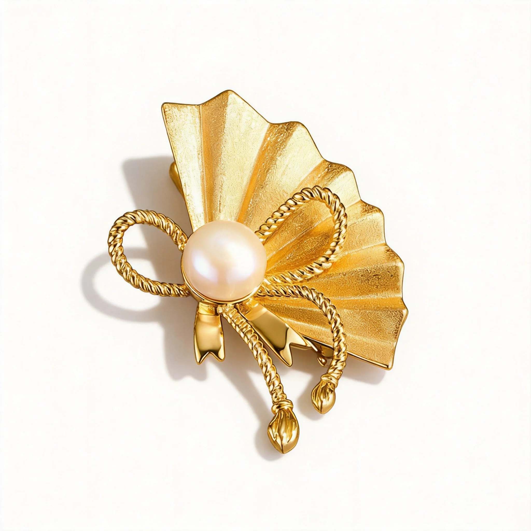 Chinese Style Auspicious Brushed Fan Shape Bowknot Brooch Real Gold Plated Copper Alloy Freshwater Pearl Elegant Retro Luxury
