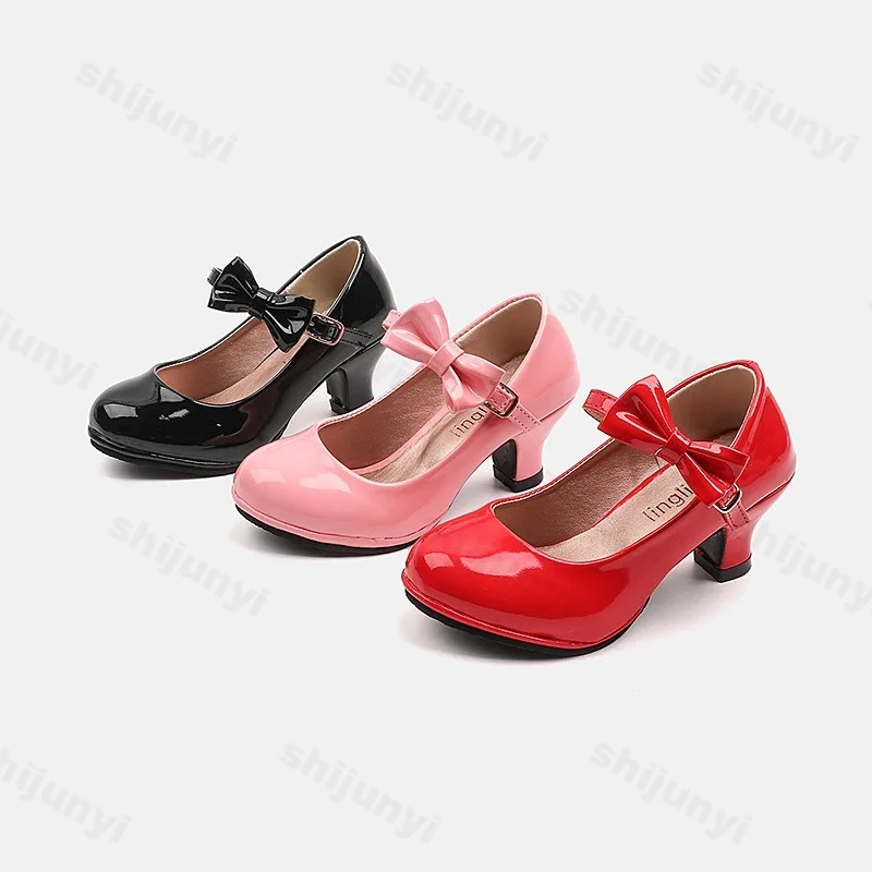 

Girls Princess PU Leather Shoes 2026 Spring Autumn Glossy Fashion Kids Sweet Bowtie Dress Shoes Ballet Children High Heels Shoes