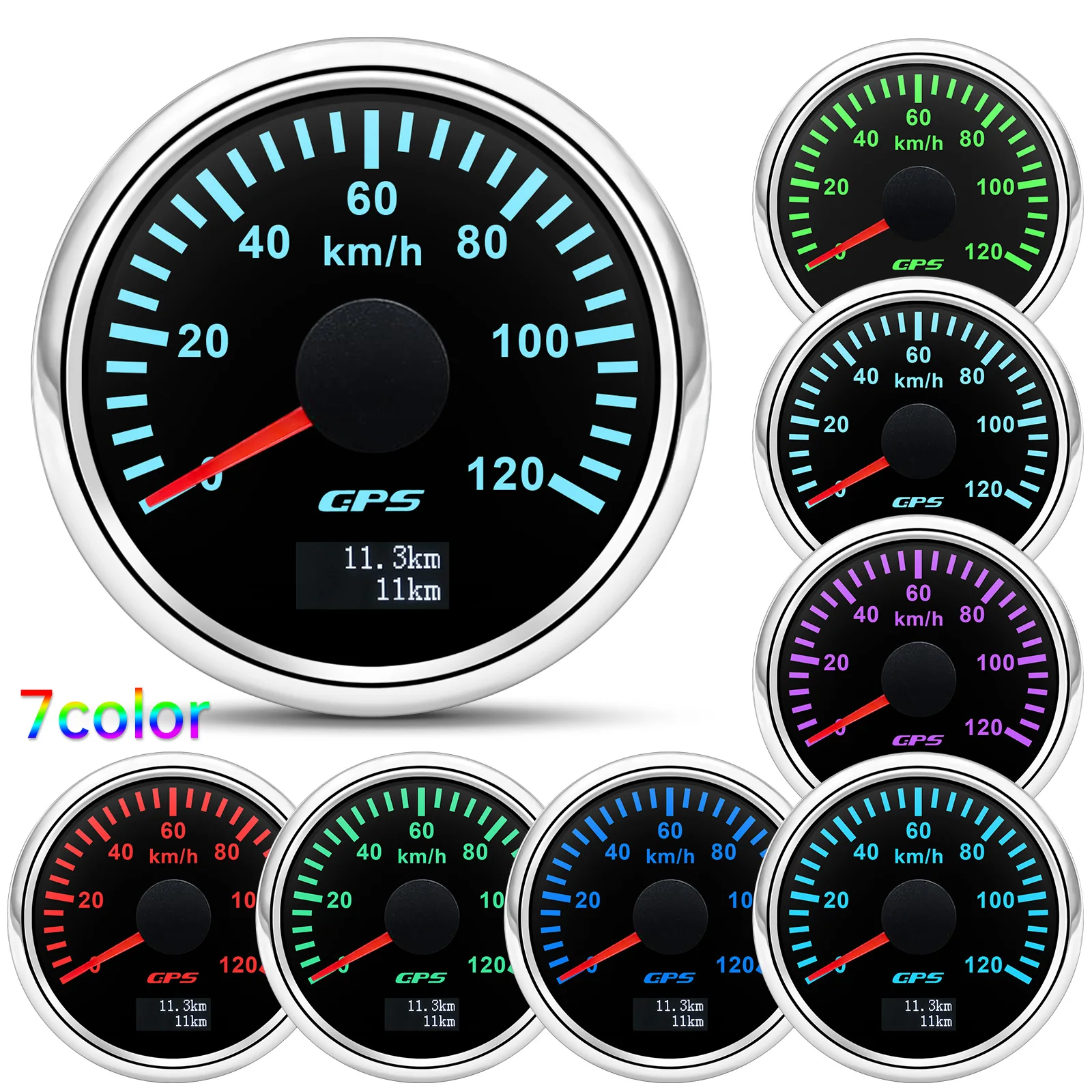 100% 530/60/80/120/200 km/h GPS-Tachometer mit GPS-Antenne, 52 mm, Geschwindigkeitsmesser für Auto und LKW, mit 7-Farben-Hintergrundbeleuchtung, 9-32V – Detail 3