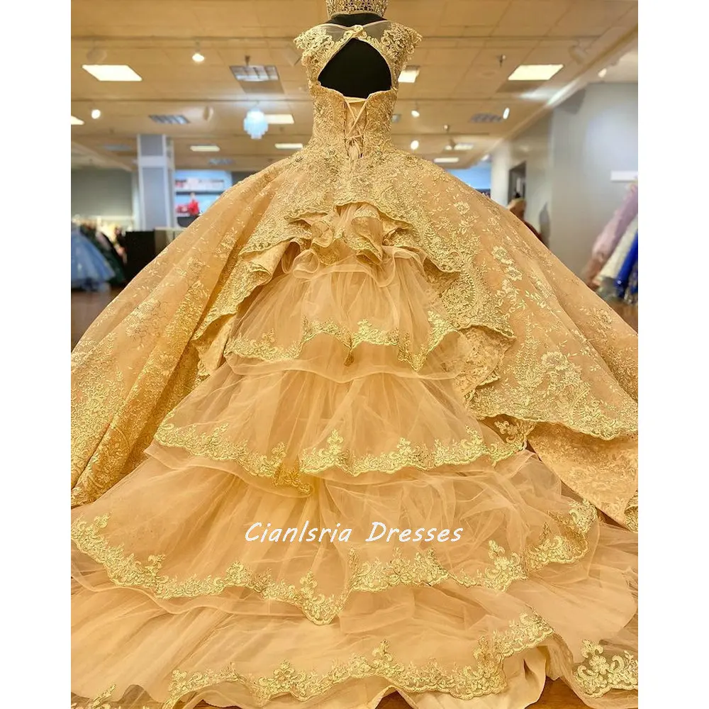 Boné de ouro manga plissados em camadas vestido de baile vestidos quinceanera ilusão apliques florais rendas miçangas espartilho doce 15 meninas festa